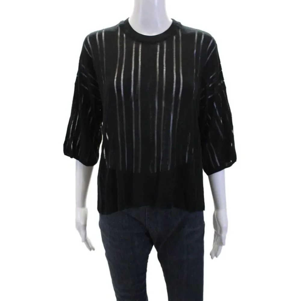 Autumn Cashmere Womens Cotton Short Sleeve Thin-Knit Sweater Black Size S